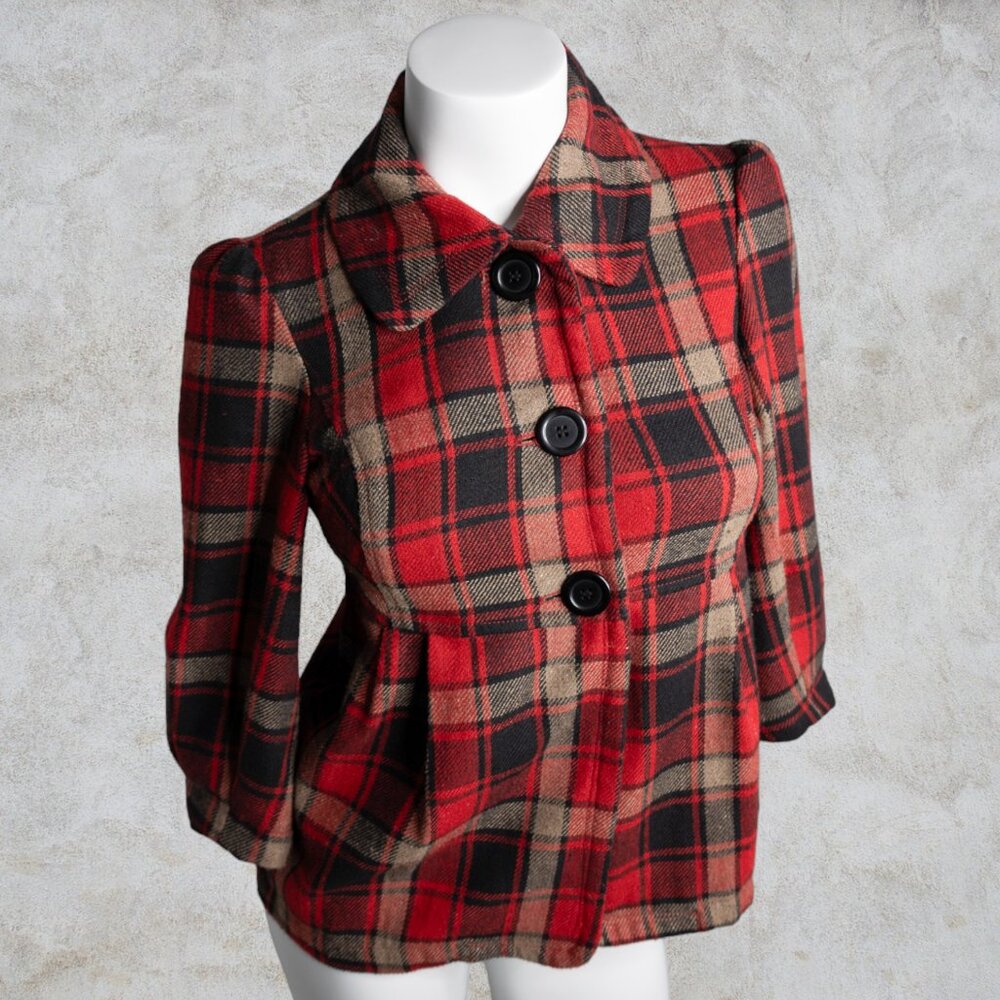 XX3 Red Plaid Wool Blend Floral Lined 3/4 Semi Poof Sleeves Collared Coat/Jacket